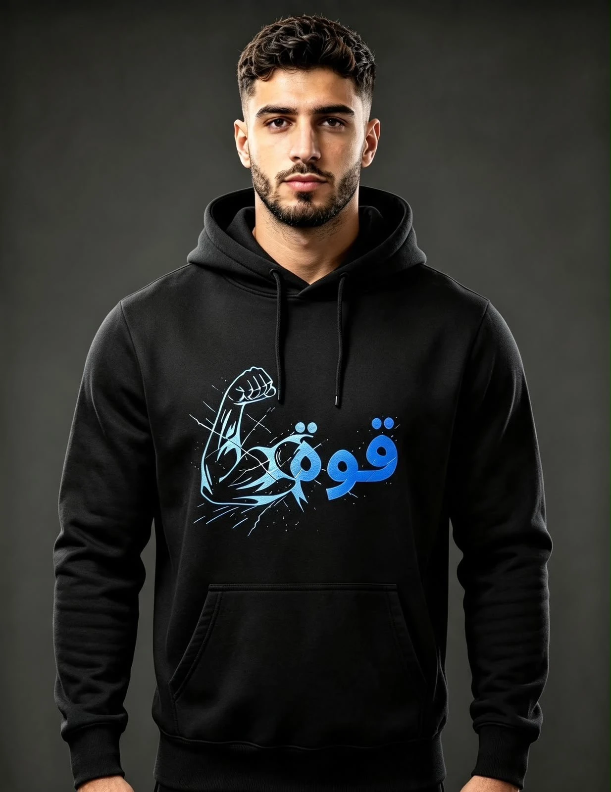 Black Quwwah hoodie with electric blue Arabic strength design on the front